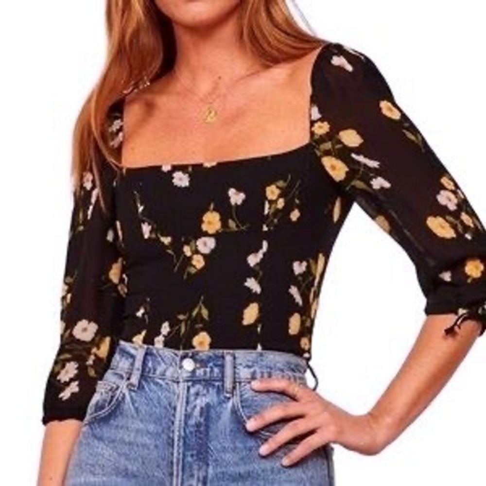 Reformation Black Floral Square-Neck Blouse